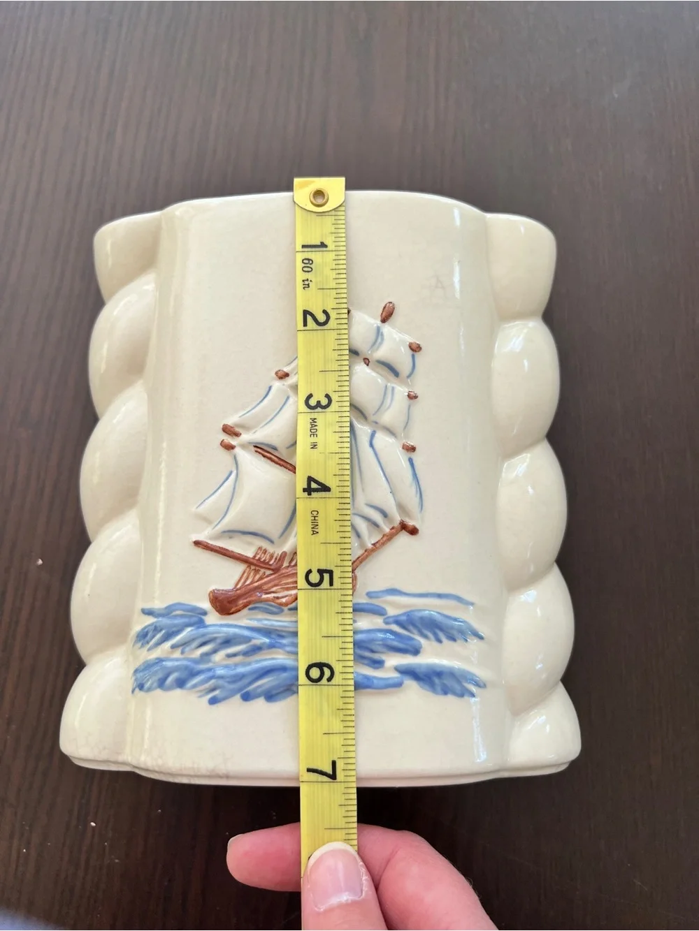 Abingdon Clipper Ship Pottery Vase with Sailboat - White with Blue Nautical